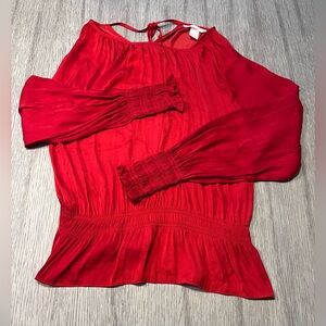 H&M woman’s Red Long-Sleeve Smocked Waist Peasant Top